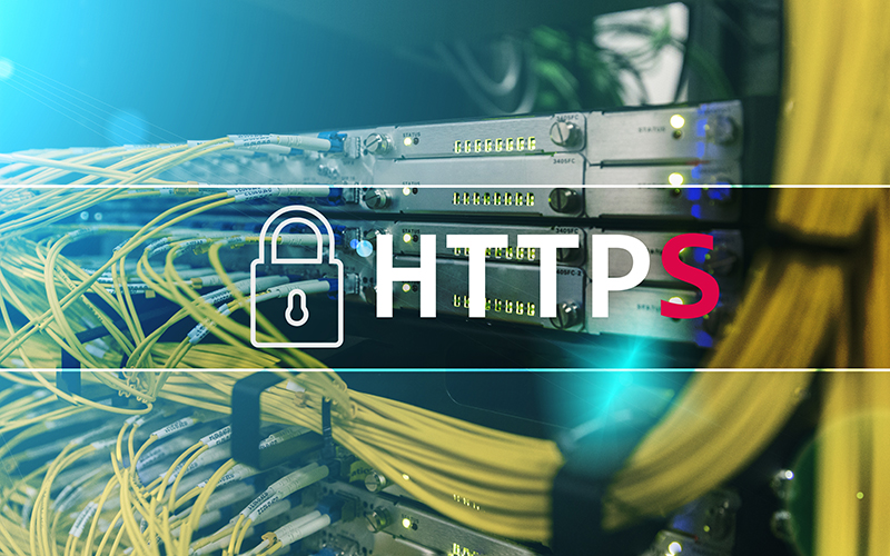 Image showing the text "HTTPS" and a lock icon with the background image of a computer server