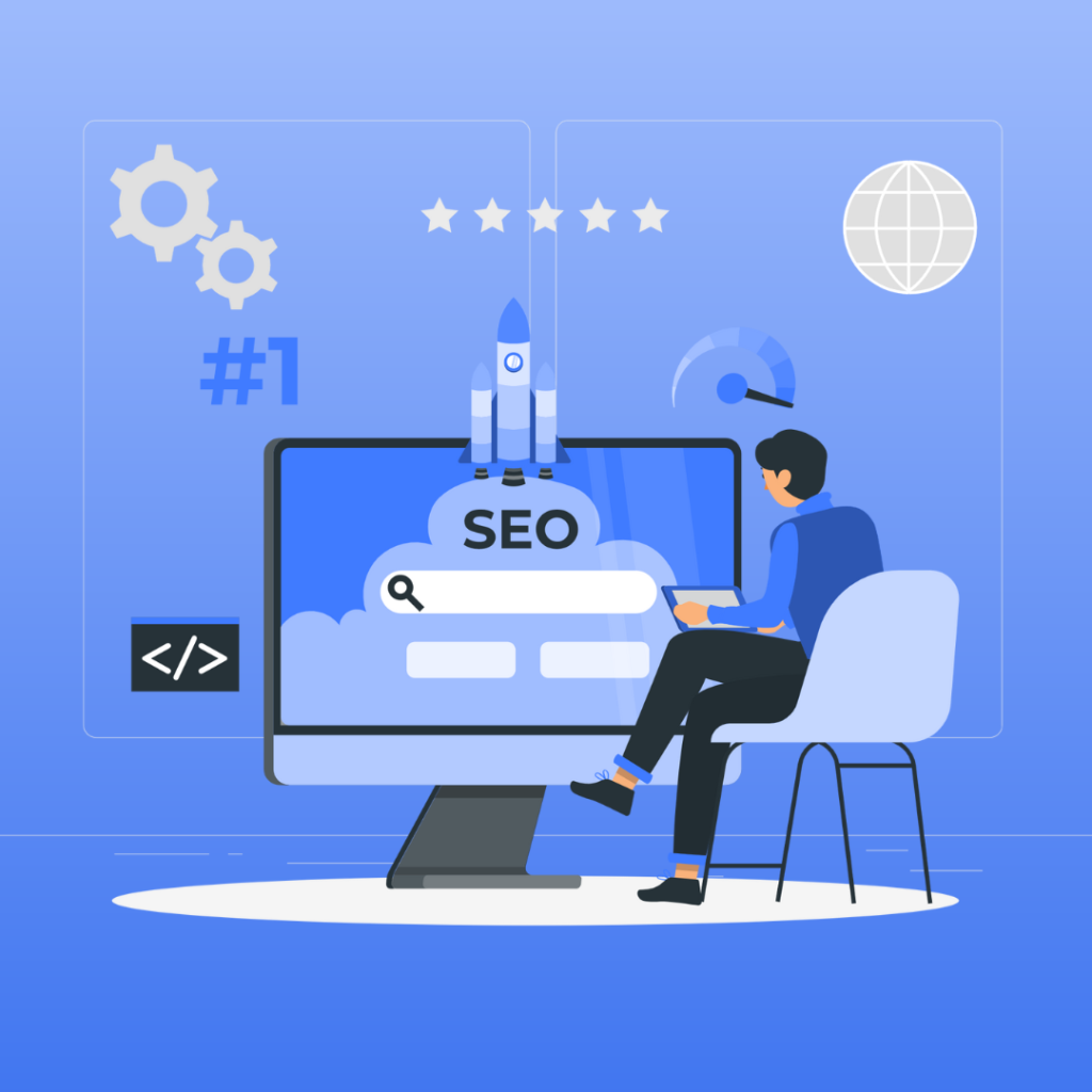A person sitting on chair in front of a monitor with the text "SEO" on screen and performing WordPress SEO