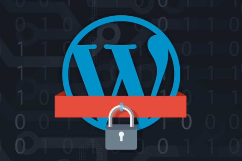 Image showing the WordPress logo with a lock symbol with a the background image showing the numbers "0" and "1" as with WordPress security tips