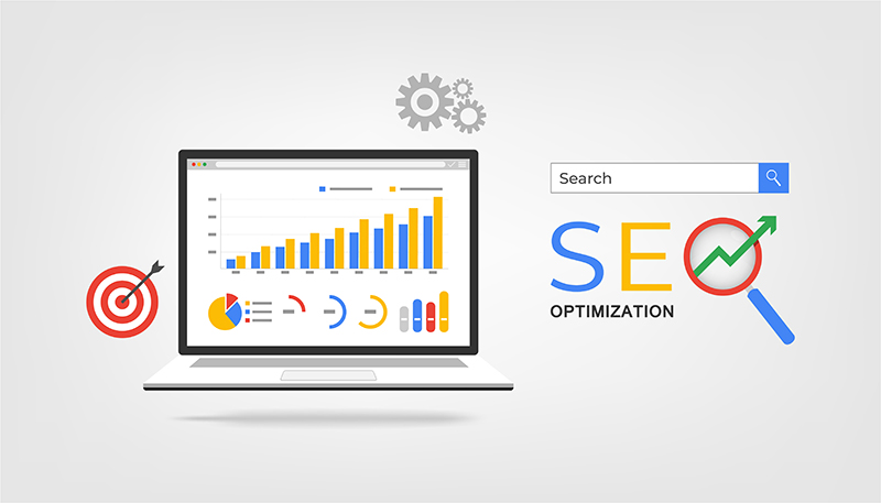 A laptop screen showings some graphs and pie charts with the text "SEO" written in teb right and a search box on top