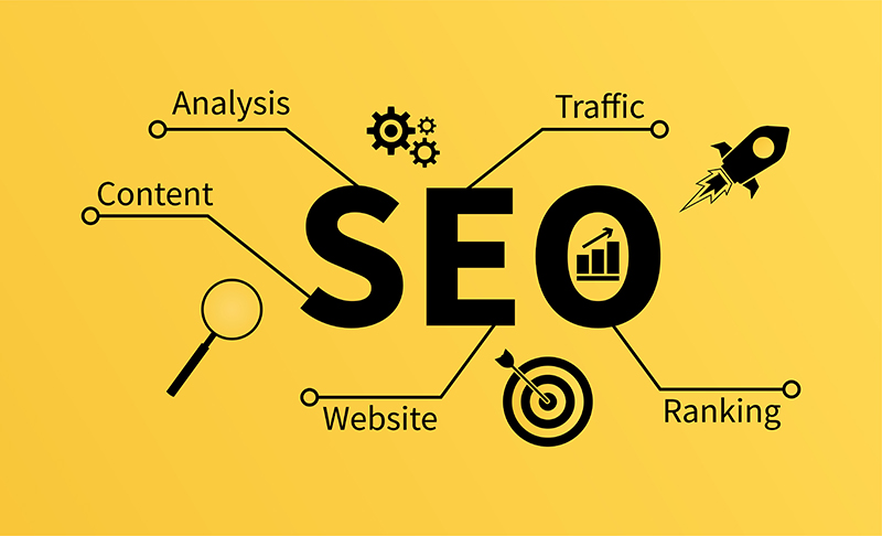 An image showing a big SEO text with its various aspects