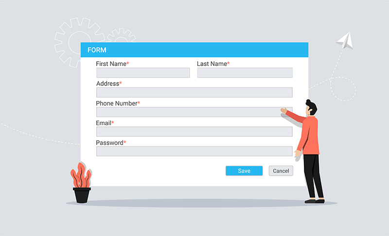 A person indicating a form with basic information and a save a cancel button pointing with his hand