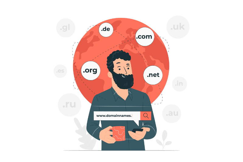 A guy holding a coffee cup and a mobile phone with a list of potential domain extensions on his background