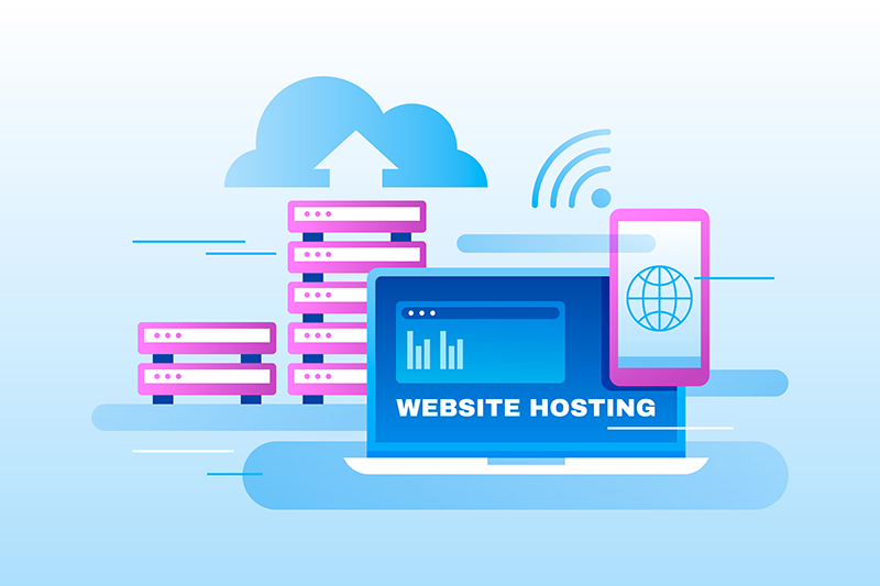 Image showing a computer server with a pc and mobile screen with cloud and wifi icons in the background showing WordPress security tips