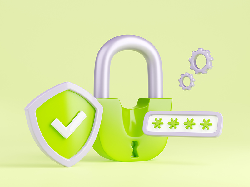 An image showing system with login, green padlock and shield, for WordPress website security
