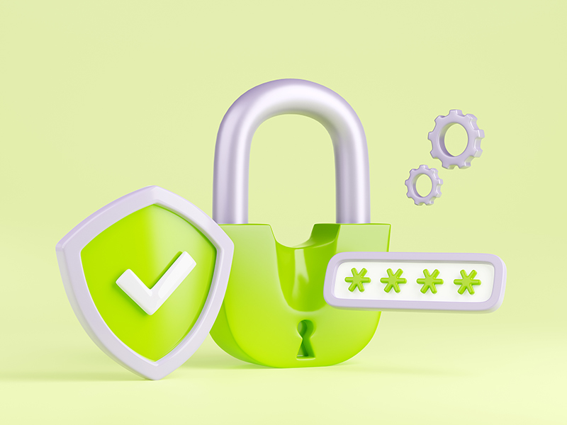 An image showing system with login, green padlock and shield, for WordPress security tips